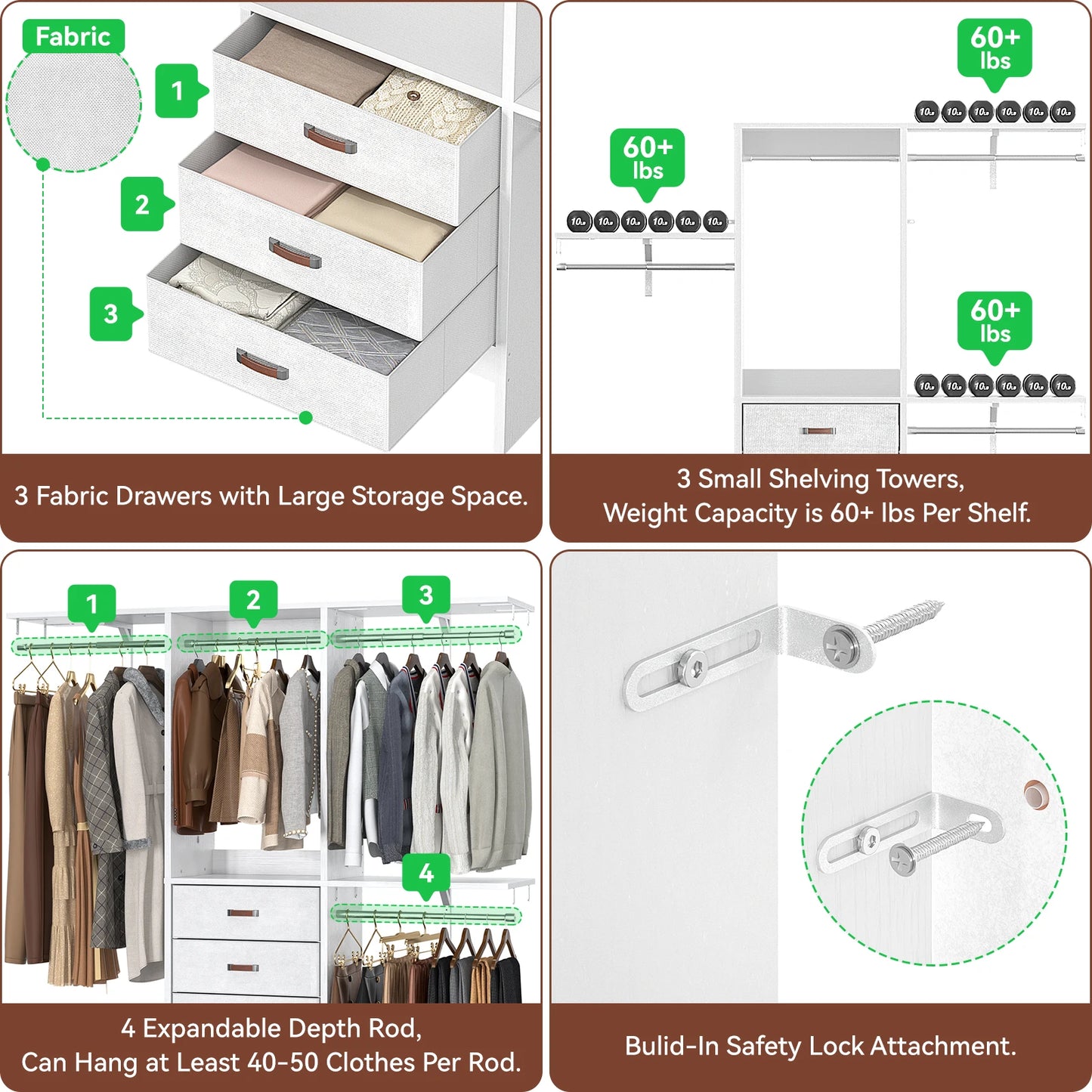 5FT Small Closet System with 3 Fabric Drawers, 60'' Walk In Closet Organizer System With 3 Adjustable Shelves