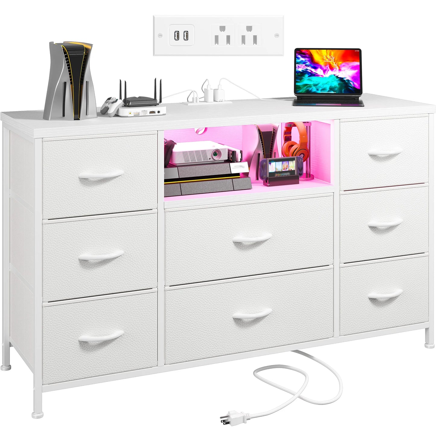 EnHomee 8-Drawer Media Dresser with LED Lighting & Built-in Charging Station - Fabric Storage Cabinet for 55" TVs, Ideal for Bedroom