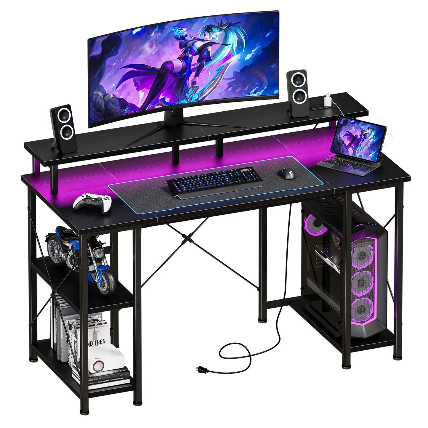 JHK 48 Inch Computer Desk With Shelves And Power Outlets