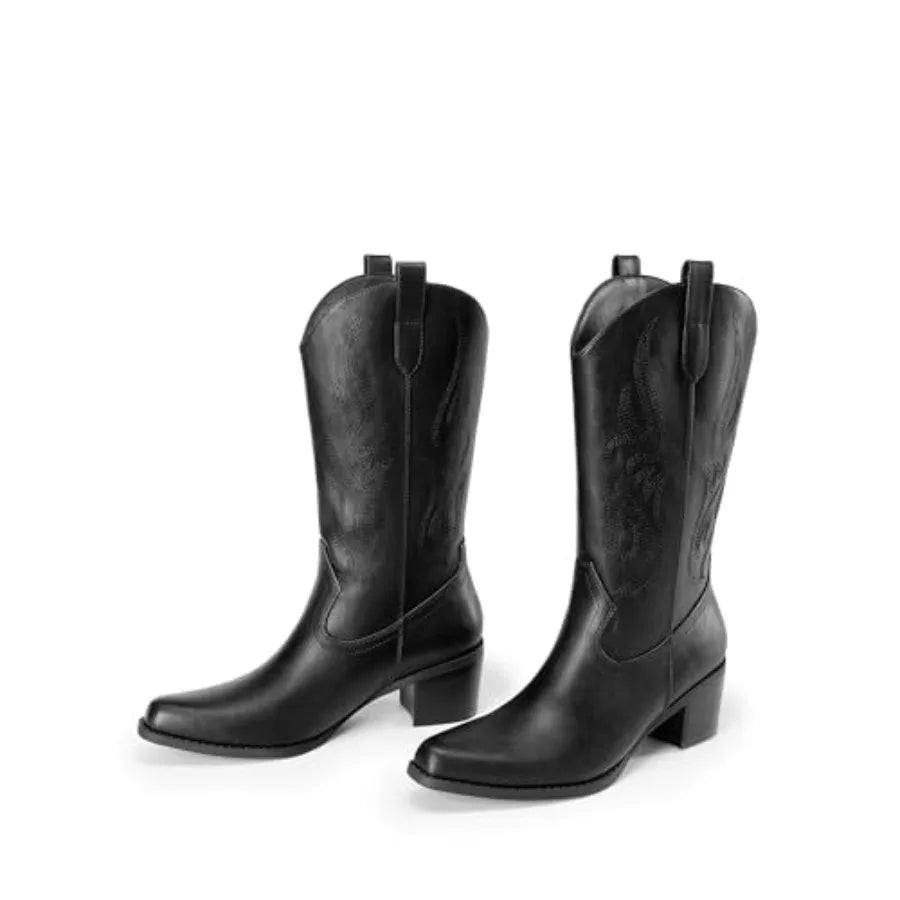Dream Pairs Women's Square Toe Cowboy Mid Calf Western Boots