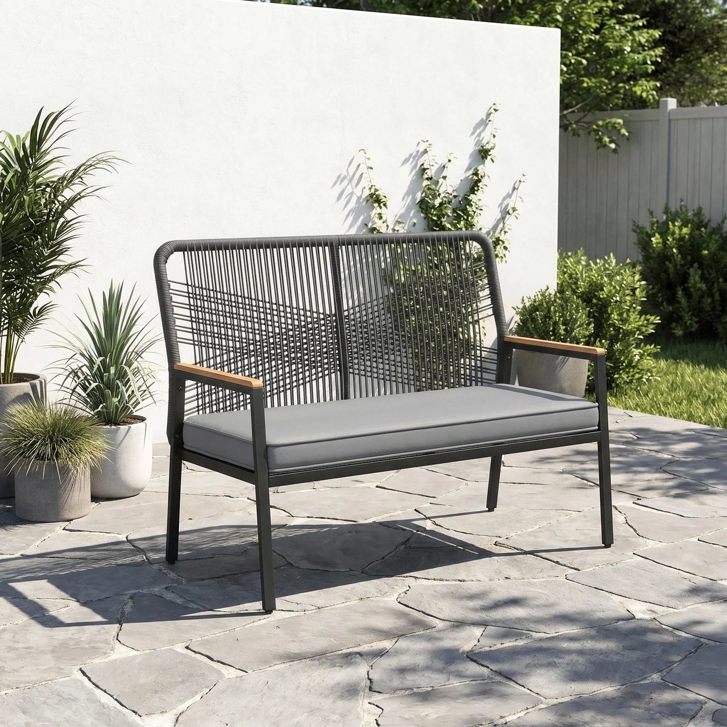 Modern Rattan Patio Loveseat With Wpc Armrest