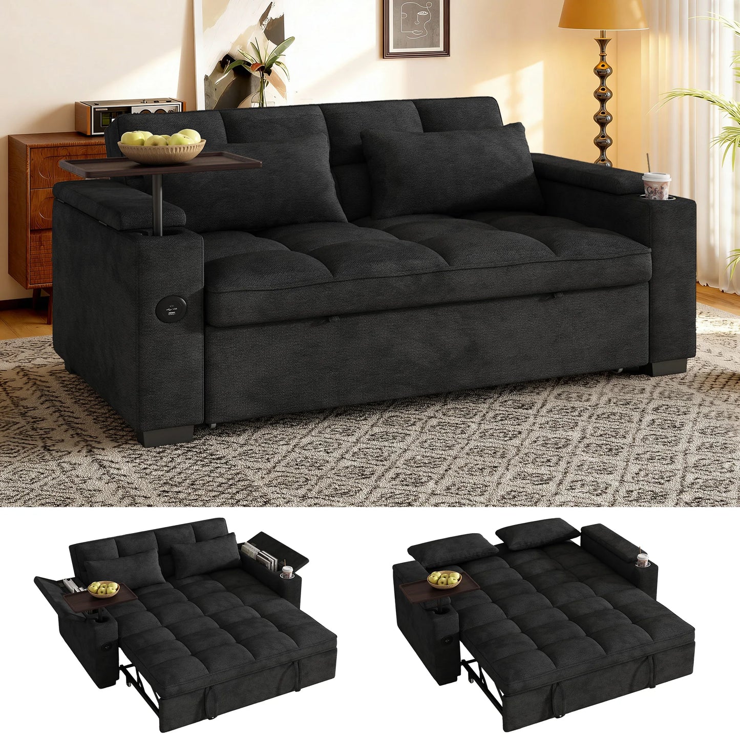 65 Inch Foldable Sofa Bed With Swivel Table And USB Charging