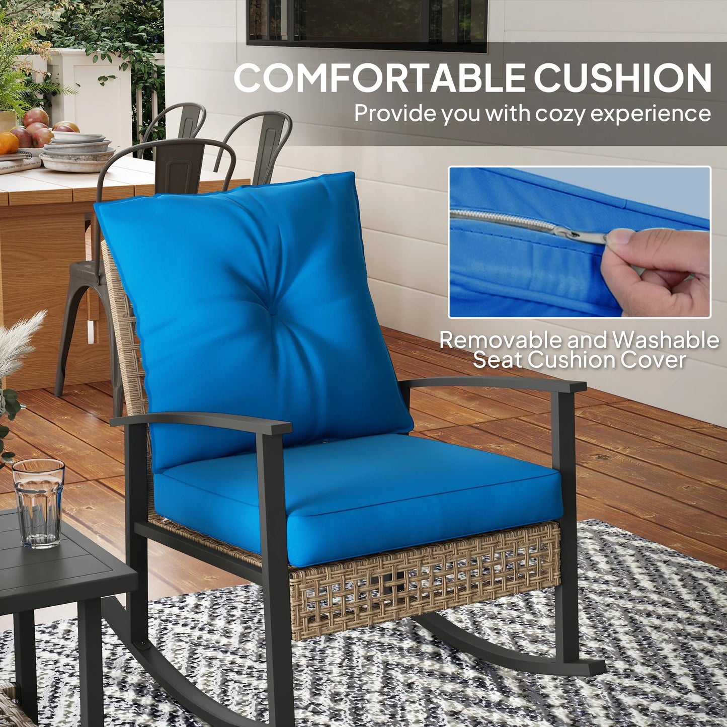 Outsunny 3 Piece Metal Rattan Bistro Set With Rocking Chairs And Coffee Table Dark Blue