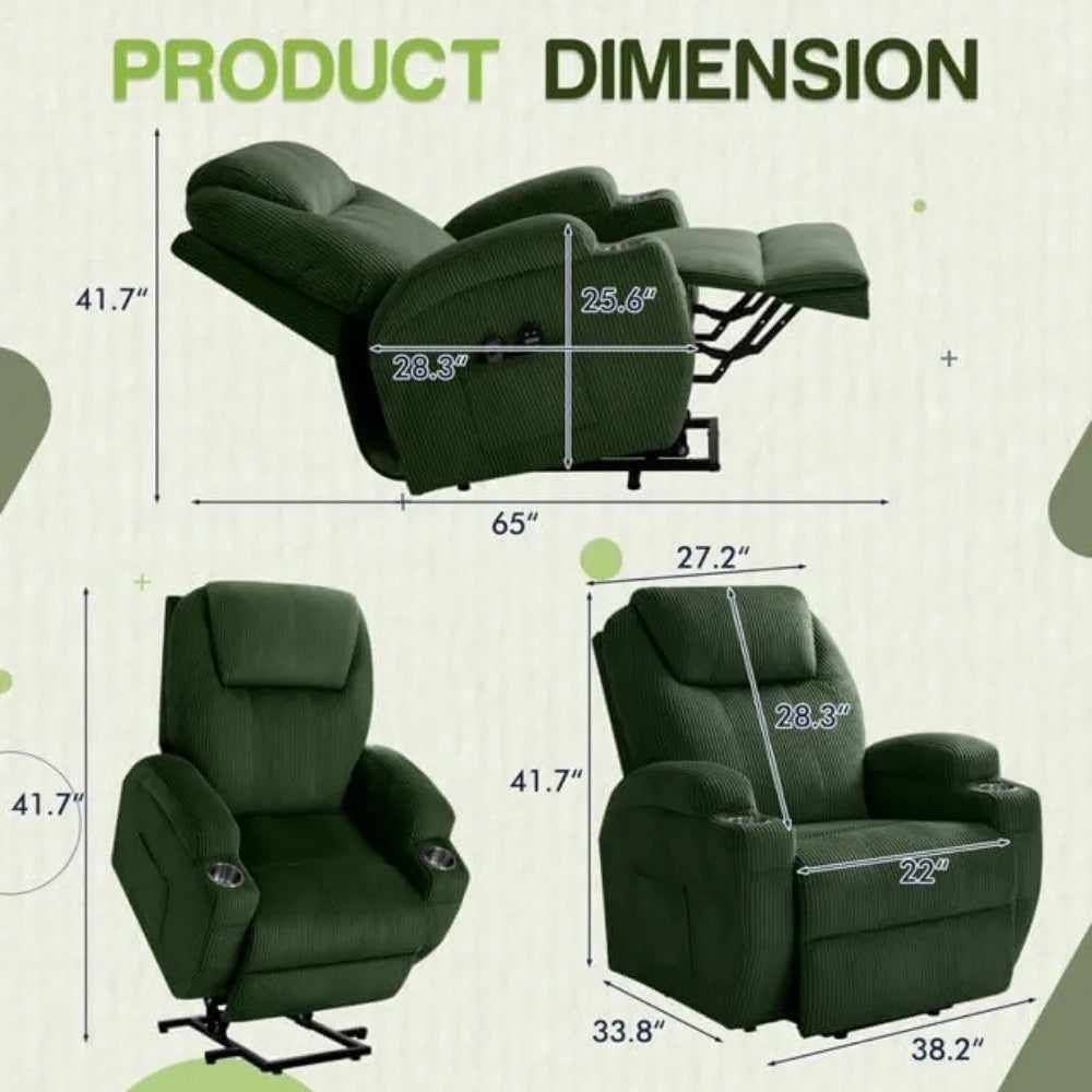 Electric Power Lift Recliner Chair For Seniors With Corduroy Fabric Cup Holders