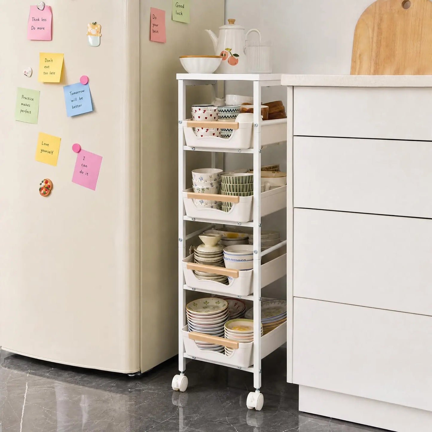 5 Tier Rolling Kitchen Cart With Pull Out Basket And Tabletop 20.5cm Storage Cart On Wheels Space Saving Organizer For Kitchen Living Room Pantry