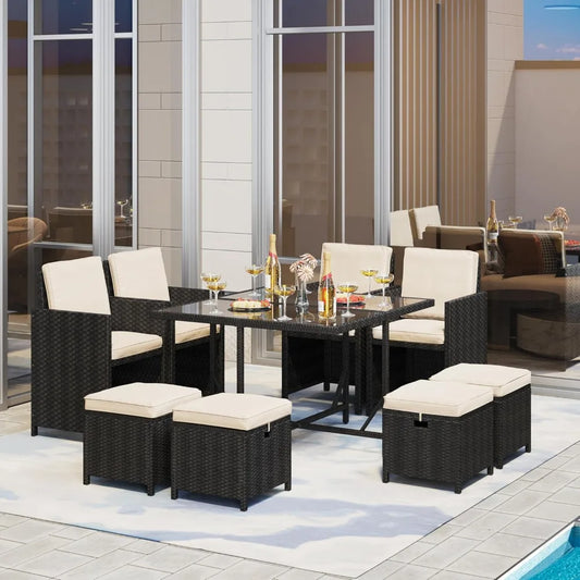 Outdoor Rattan Patio Dining Set With Glass Table And Ottomans