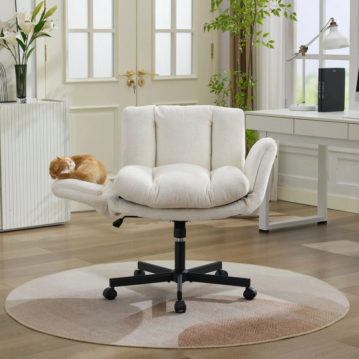 Modern Chenille Swivel Office Chair, Height Adjustable Desk Chair with Convertible Armrests, Double Cushioned Task Chair for Home Office Study Vanity, Cream Beige