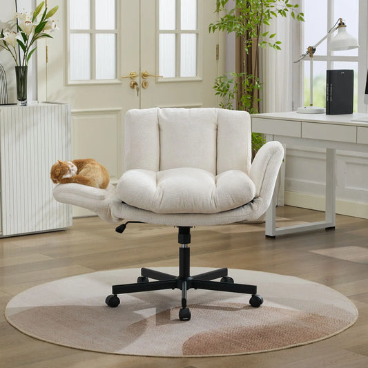 Modern Chenille Swivel Office Chair, Height Adjustable Desk Chair with Convertible Armrests, Double Cushioned Task Chair for Home Office Study Vanity, Cream Beige