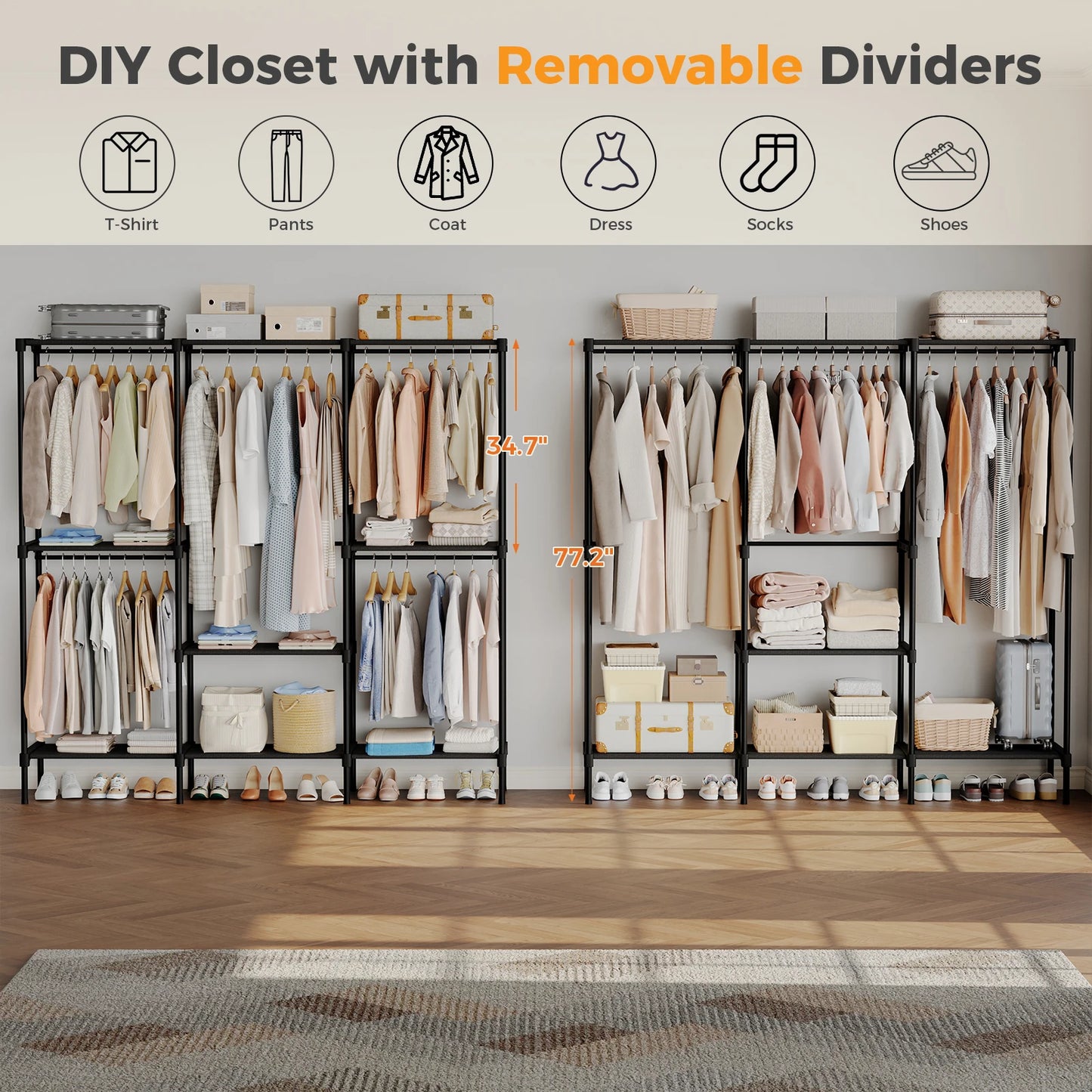 JHK 72IN to 81IN Portable Three Rows Wardrobe Closet with Hanging Rods Clothing Rack with Shelves Mudroom Storage Organizer