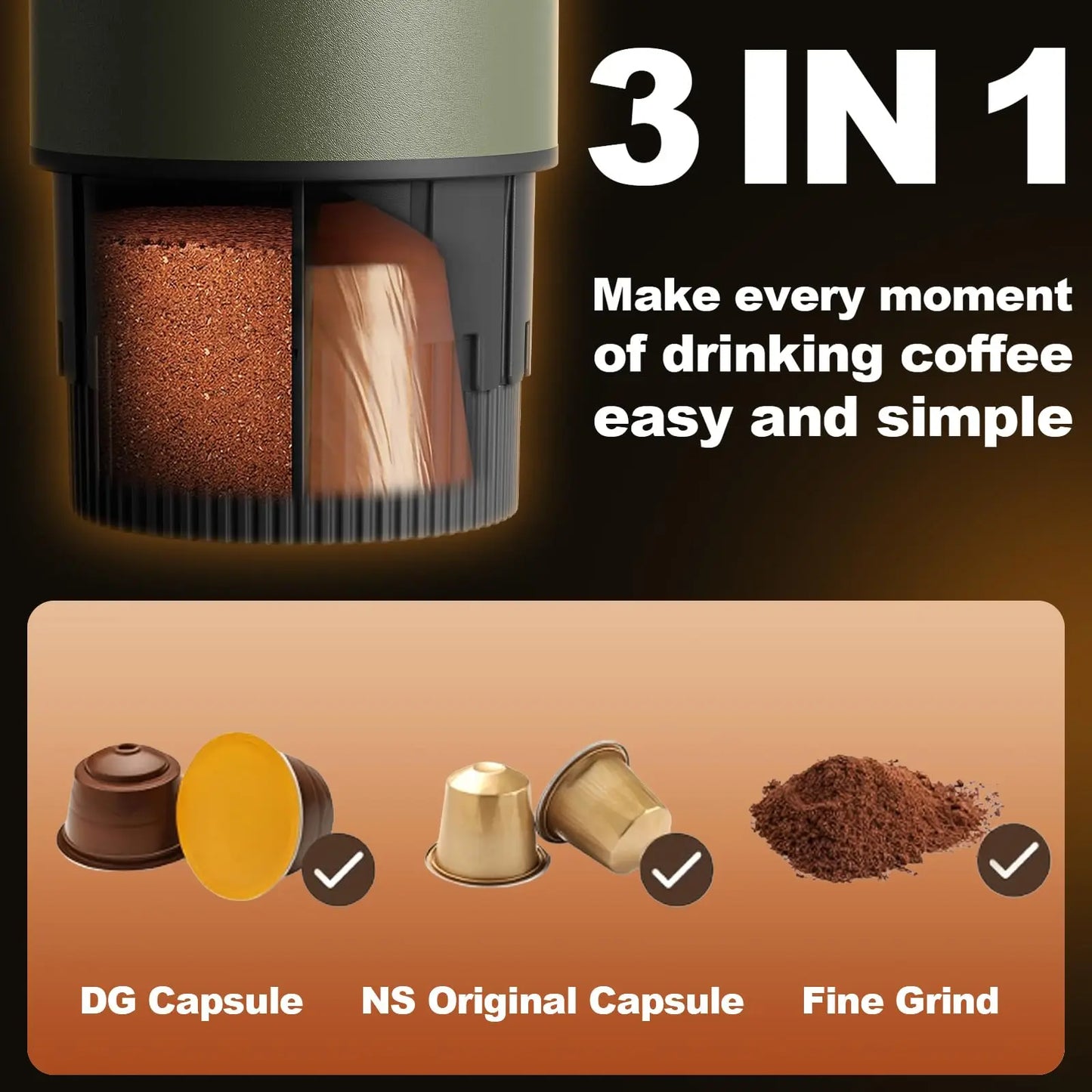 Portable Espresso Maker 3 in 1 Coffee Machine with Carrying Bag Works with Ground Coffee and Capsule Pod Self Heating for Travel