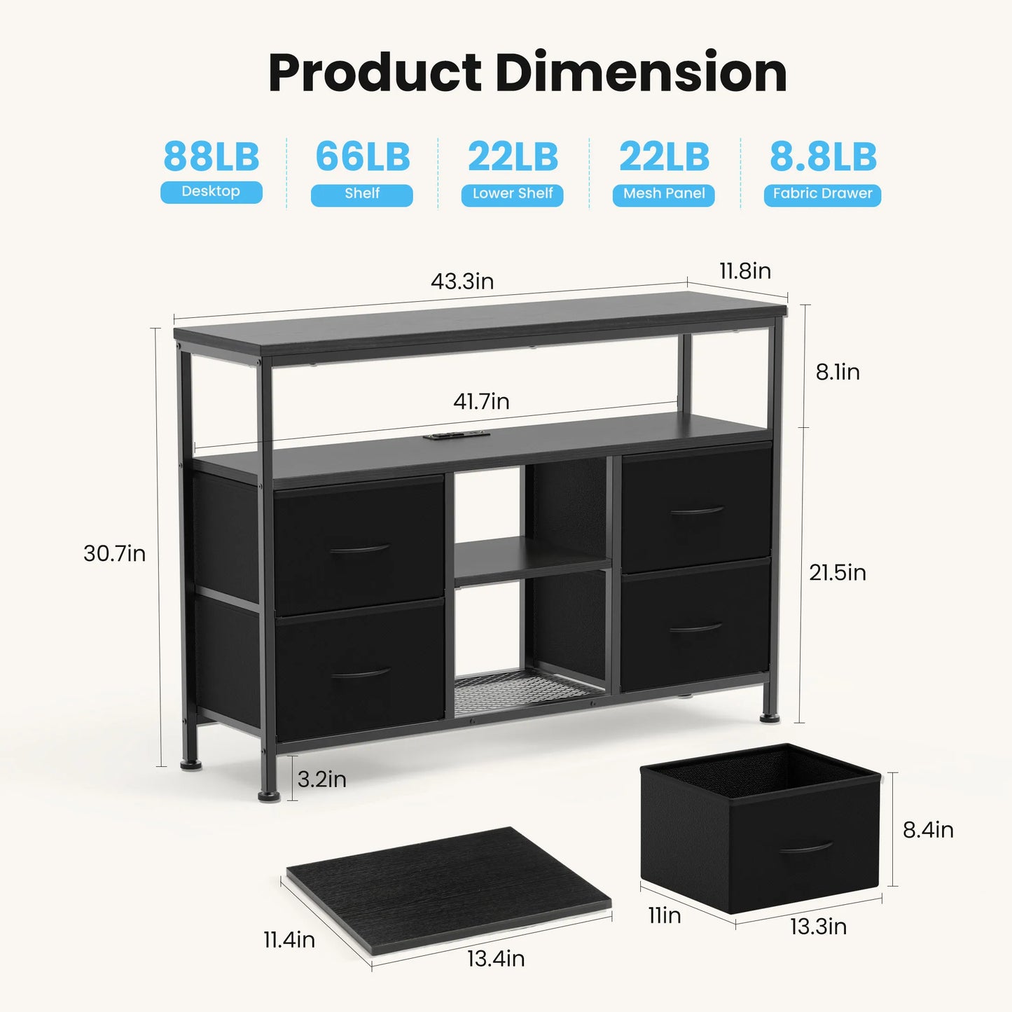 JHK Four Drawers TV Stand With LED Lights And Outlets