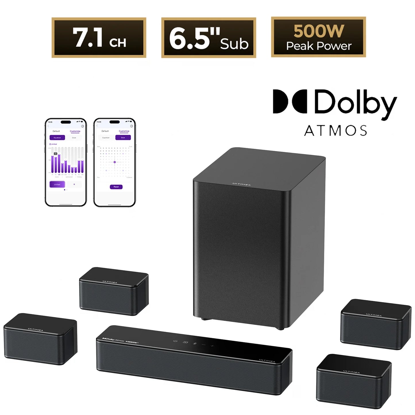 ULTIMEA Poseidon D80 Boom 7.1ch 500W Dolby Atmos Soundbar, Wireless Subwoofer & 4 Surround Speakers, Home Theater TV,APP Control