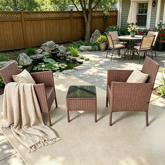 3 Piece Outdoor Rattan Patio Furniture Set With Side Table