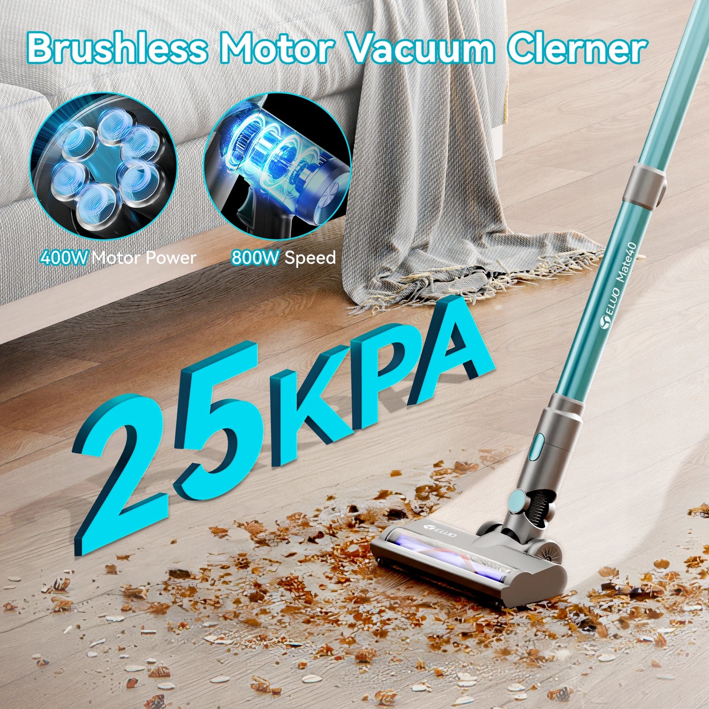 E.LUO Cordless Vacuum Cleaner 6in1 Stick With 400W Suction For Pet Hair