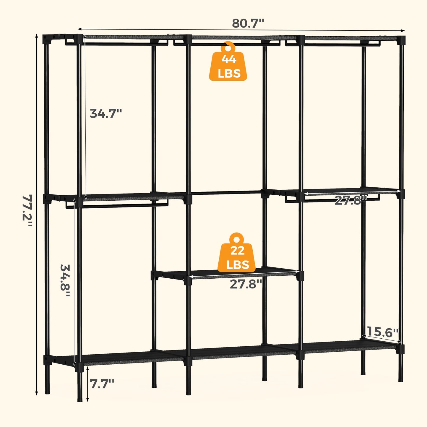 JHK 72IN to 81IN Portable Three Rows Wardrobe Closet with Hanging Rods Clothing Rack with Shelves Mudroom Storage Organizer