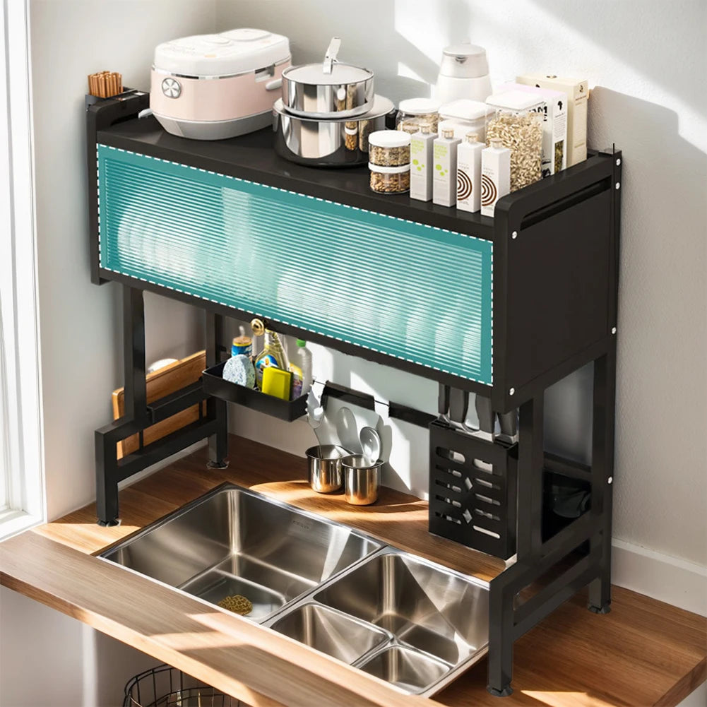 Kitchen Drain Shelf Steel Multi-Functional Kitchen Storage Rack Kitchen Sink Organizer Large Over The Sink Dish Rack with Cover