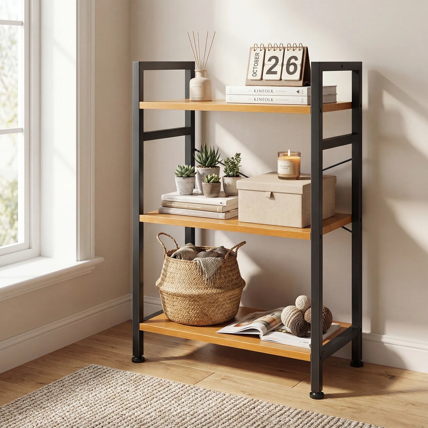 MCQ 3 Tiers Bookshelf Wooden Storage Standing Display Bookshelf Sturdy Structure Graduated Shelves Adjustable Feet for Home