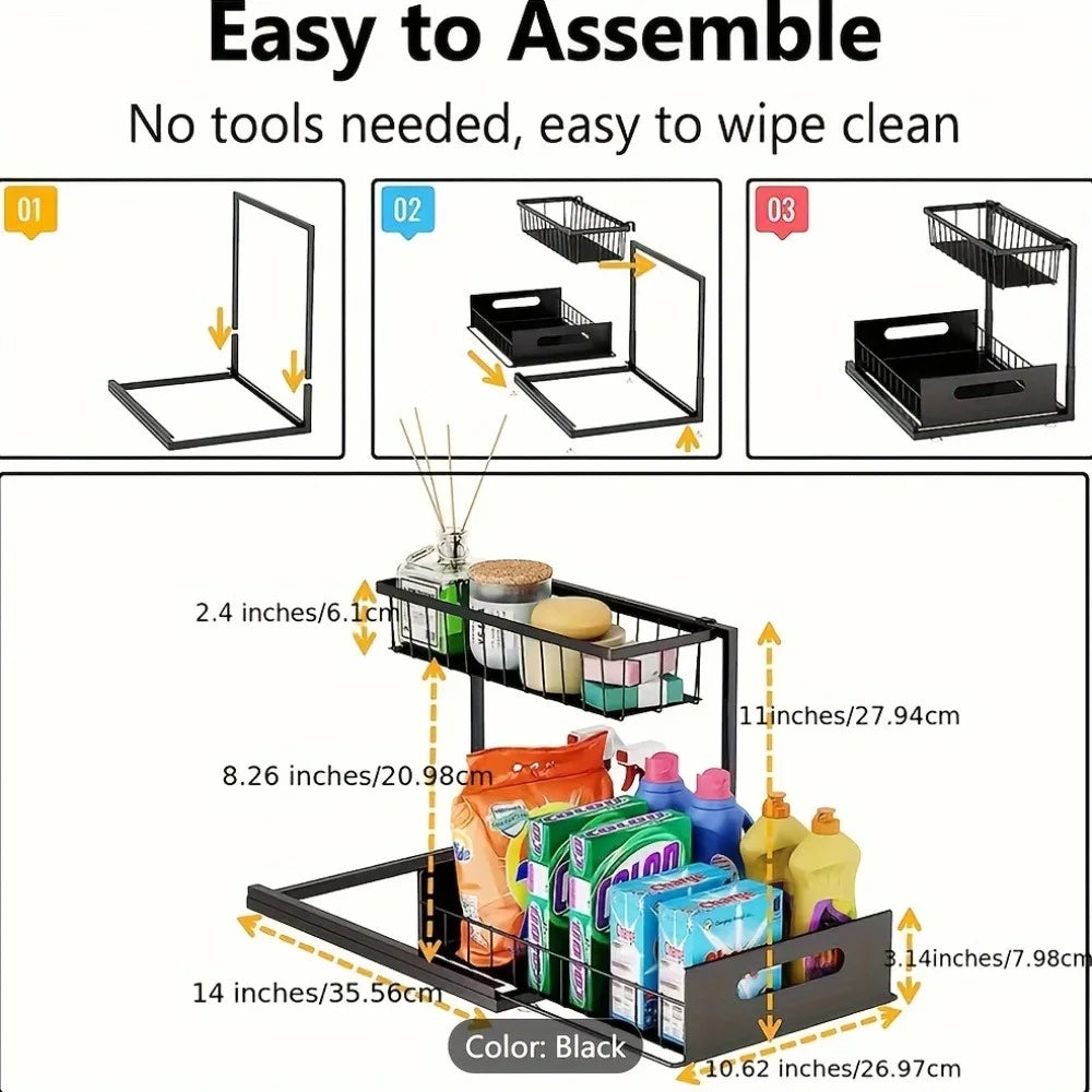 [Sliding Pull-out Cabinet Rack] 1/2pcs Sliding Pull-out Metal Cabinet Sorting Rack | Lower Sink Kitchen Storage, For Kitchen Bat