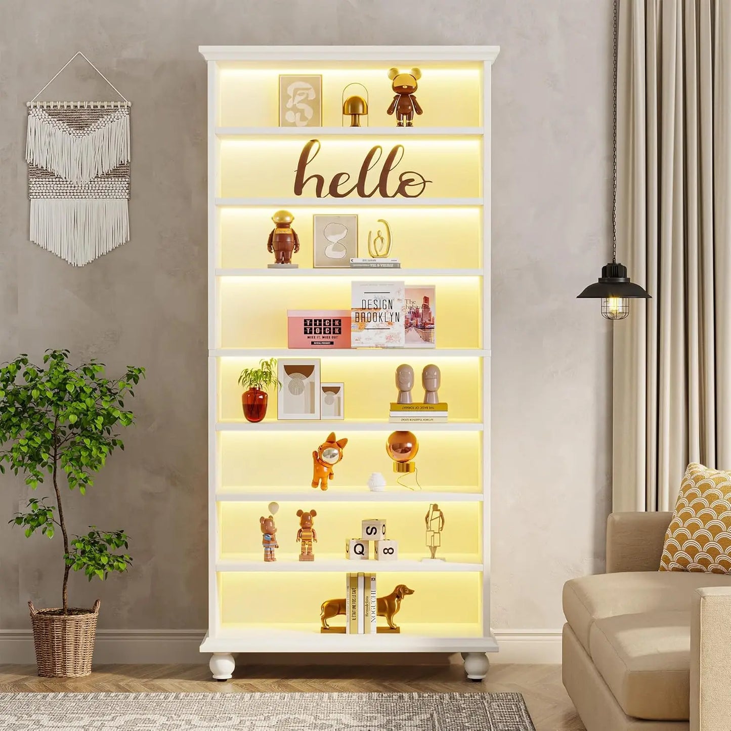 LITTLE TREE LED Bookcase With Solid Wood Legs Freestanding Display Shelf
