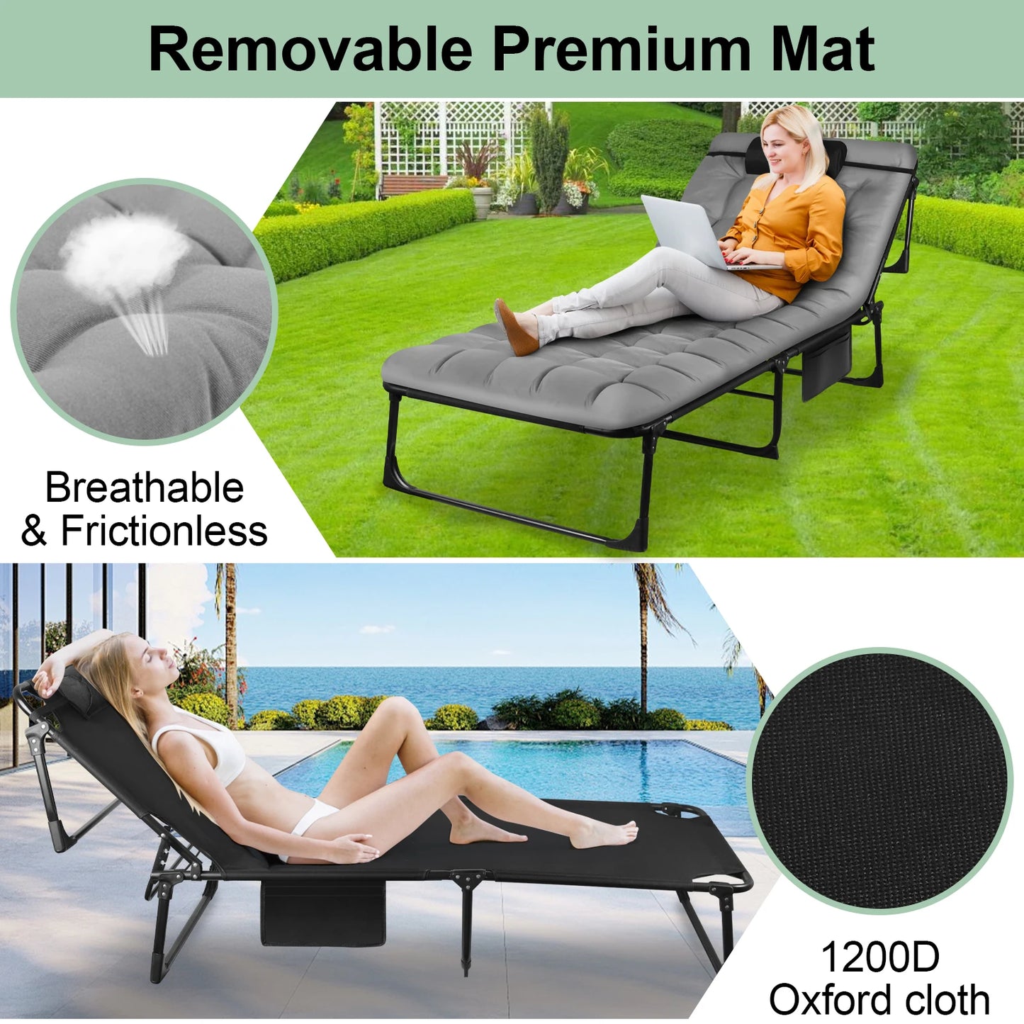 Portable Folding Camping Cot With 3-Position Adjustable Recliner Pillow