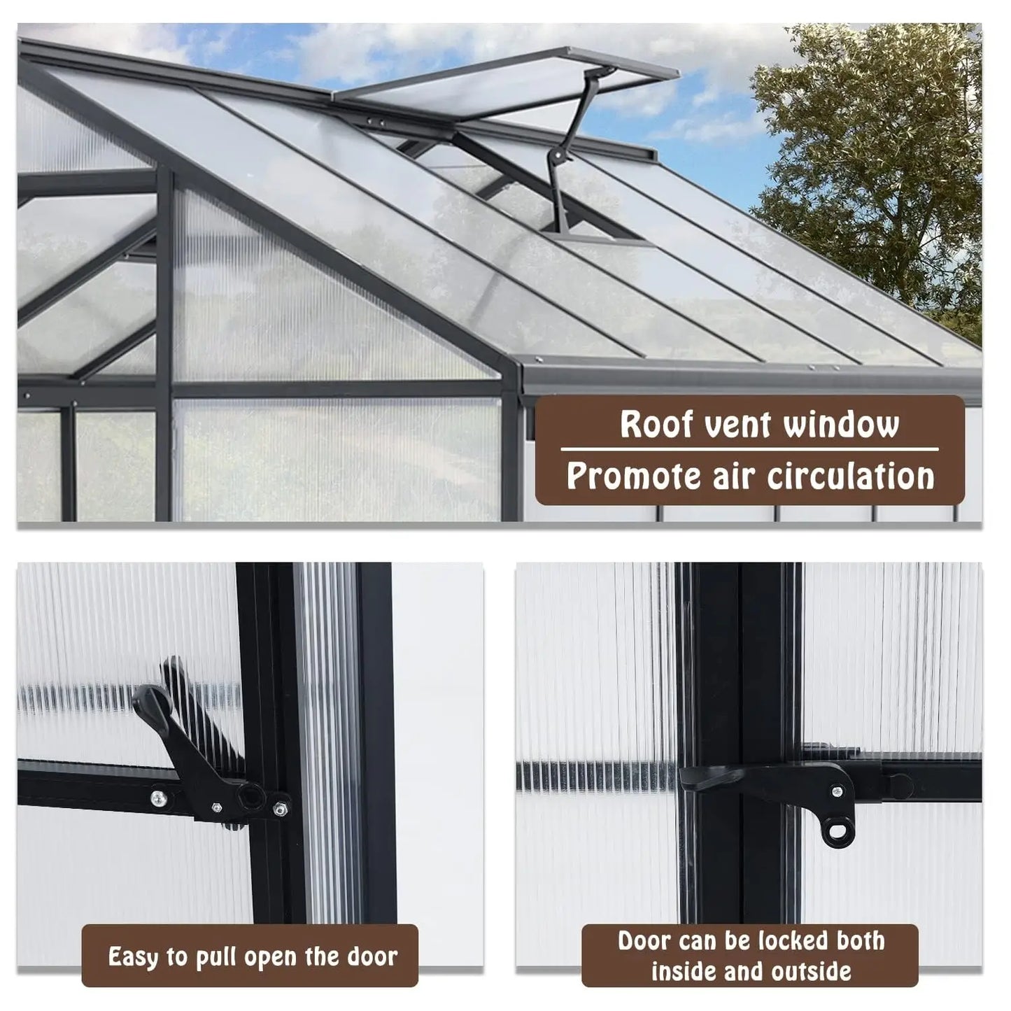 Polycarbonate Greenhouse With Aluminum Frame Walk In Roof Vent