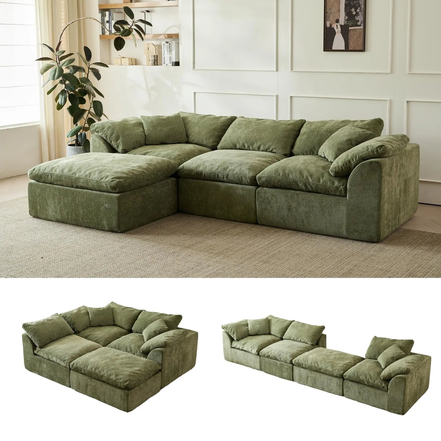 Yeflixvrau Modern L-Shaped 3-Seater Deep Seat Chenille Sofa With Ottoman