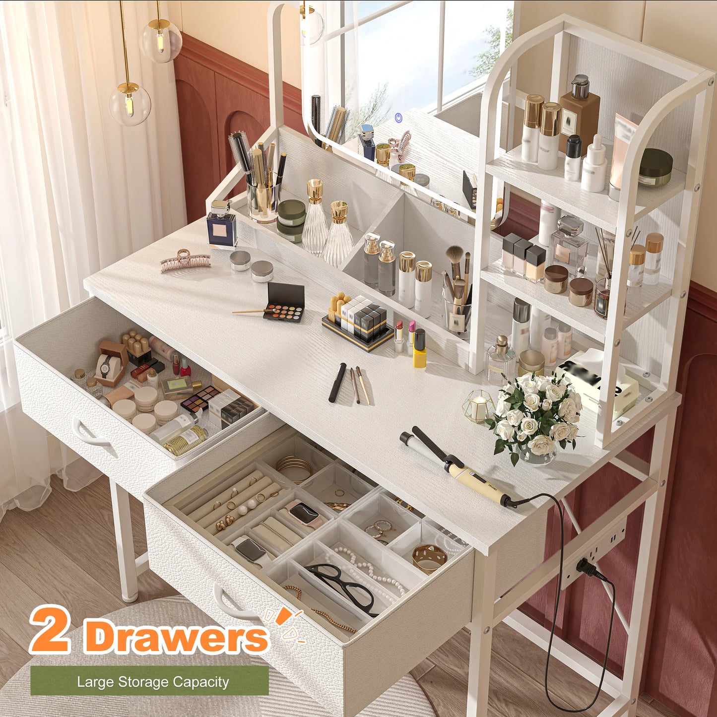 EnHomee LED Makeup Vanity Desk with 2 Fabric Drawers & Power Charging Station, Space Saving Dressing Table Dresser for Bedroom Dorm