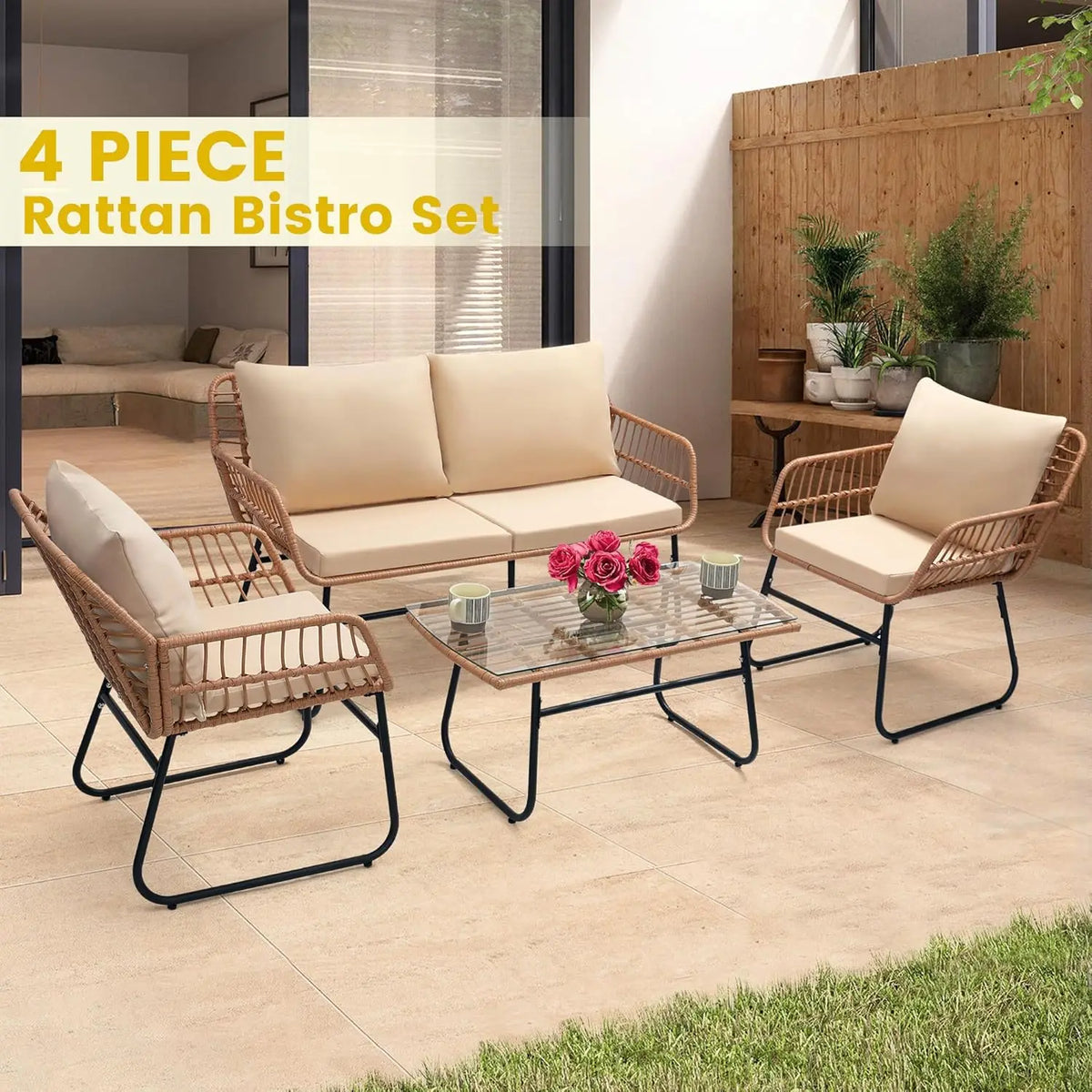 Modern Rattan Outdoor Patio Bistro Set With Sofa And Chairs