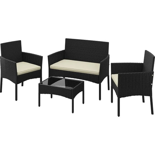 XIUWO 4-Piece Patio Furniture Set Rattan Wicker With Glass Table