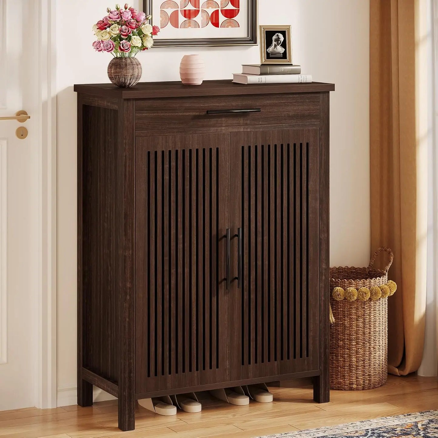 Little Tree 5-Tier Wooden Shoe Cabinet With Louvered Doors