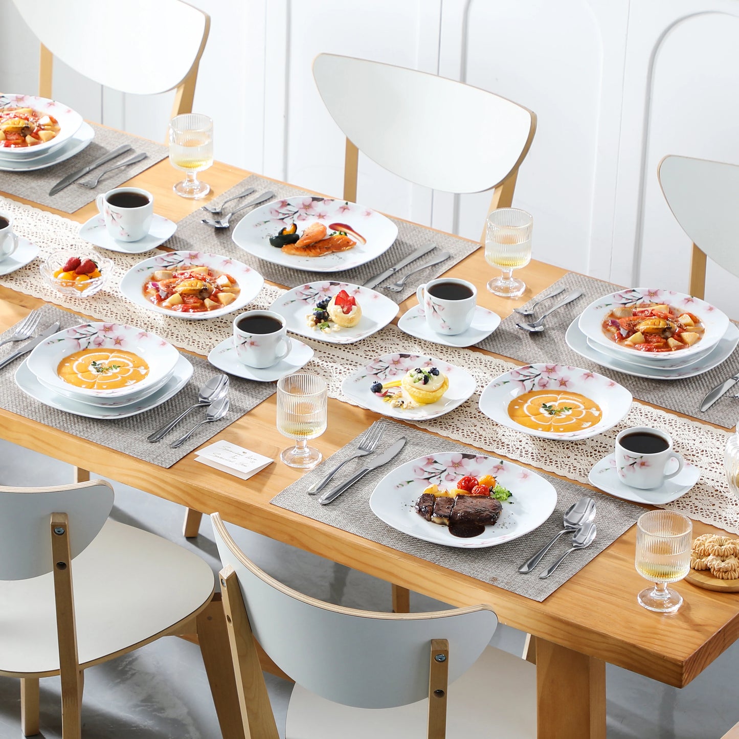 VEWEET ANNIE 30/24/20 Pcs Porcelain Dinnerware Set Pink Floral Plates Dinner Set with Dinner Plate/Dessert/Soup/Cup/Saucer