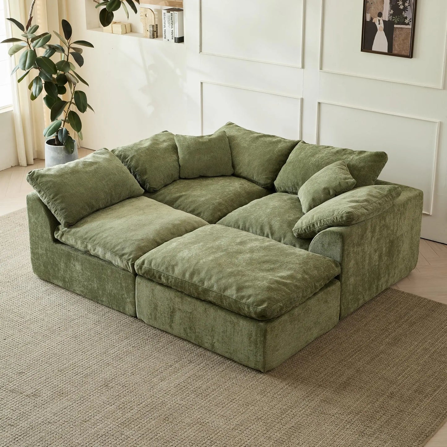 Yeflixvrau Modern L-Shaped 3-Seater Deep Seat Chenille Sofa With Ottoman
