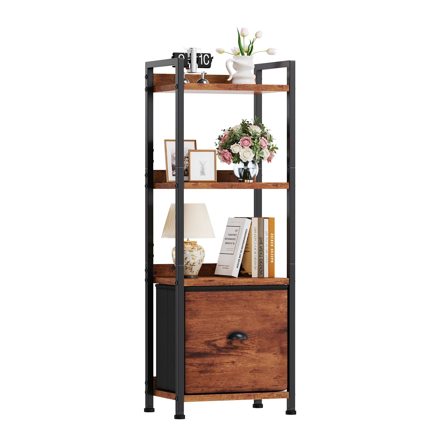 MCQ 5 Tier Metal And Wood Bookshelf With Fabric Drawers