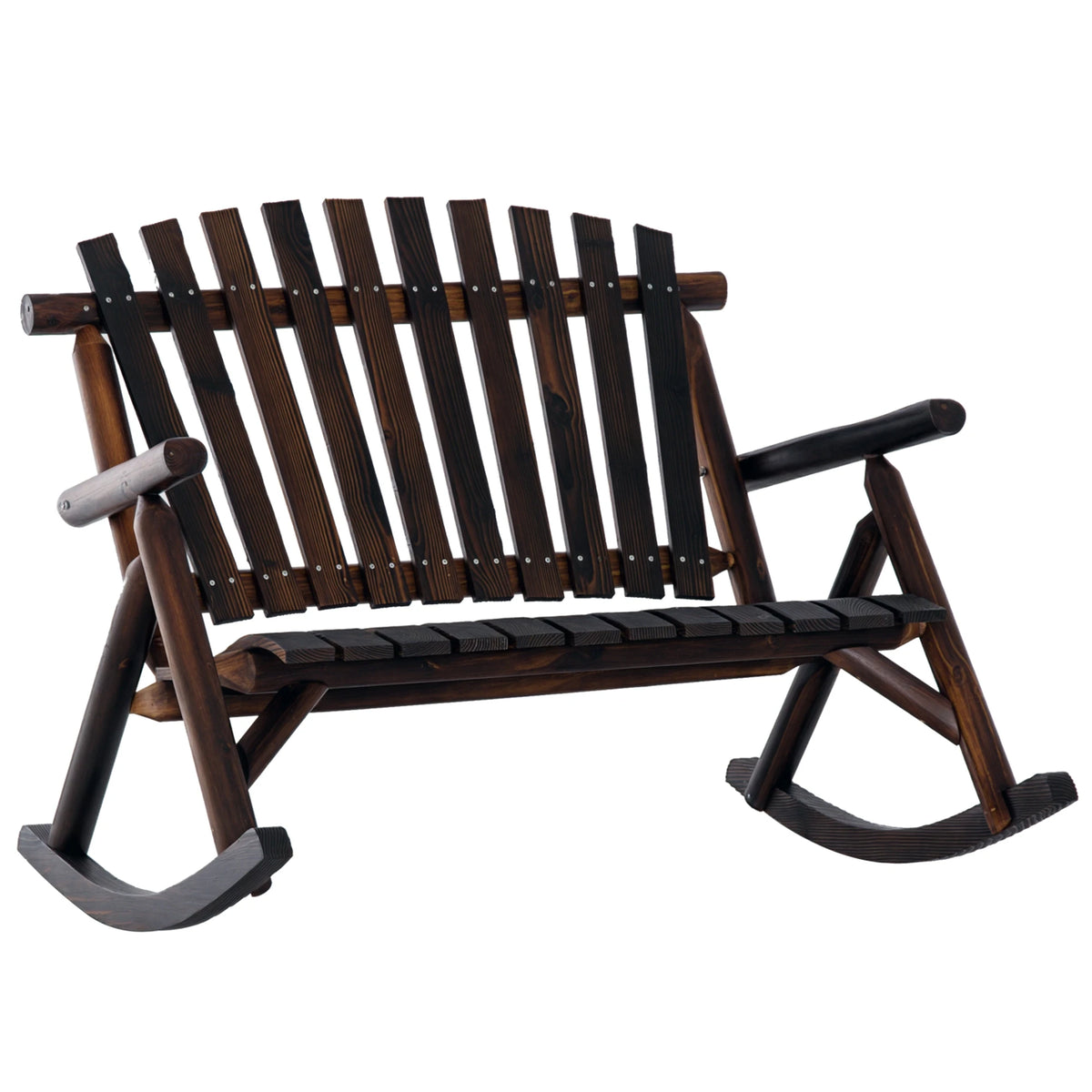 Wooden Adirondack Rocker Loveseat 2 Seat Wood Rocking Chair Porch Carbonized
