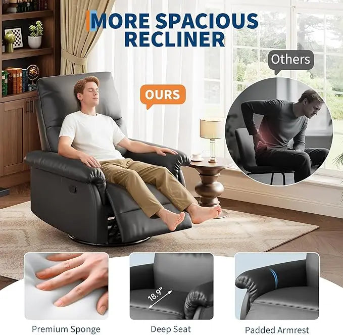 Recliner Chair, 360° Swivel Rocker Glider Nursery Chair with Padded Armrest and Deep Seat, PU Leather Upholstered Reclining Sofa Chair for Living Room