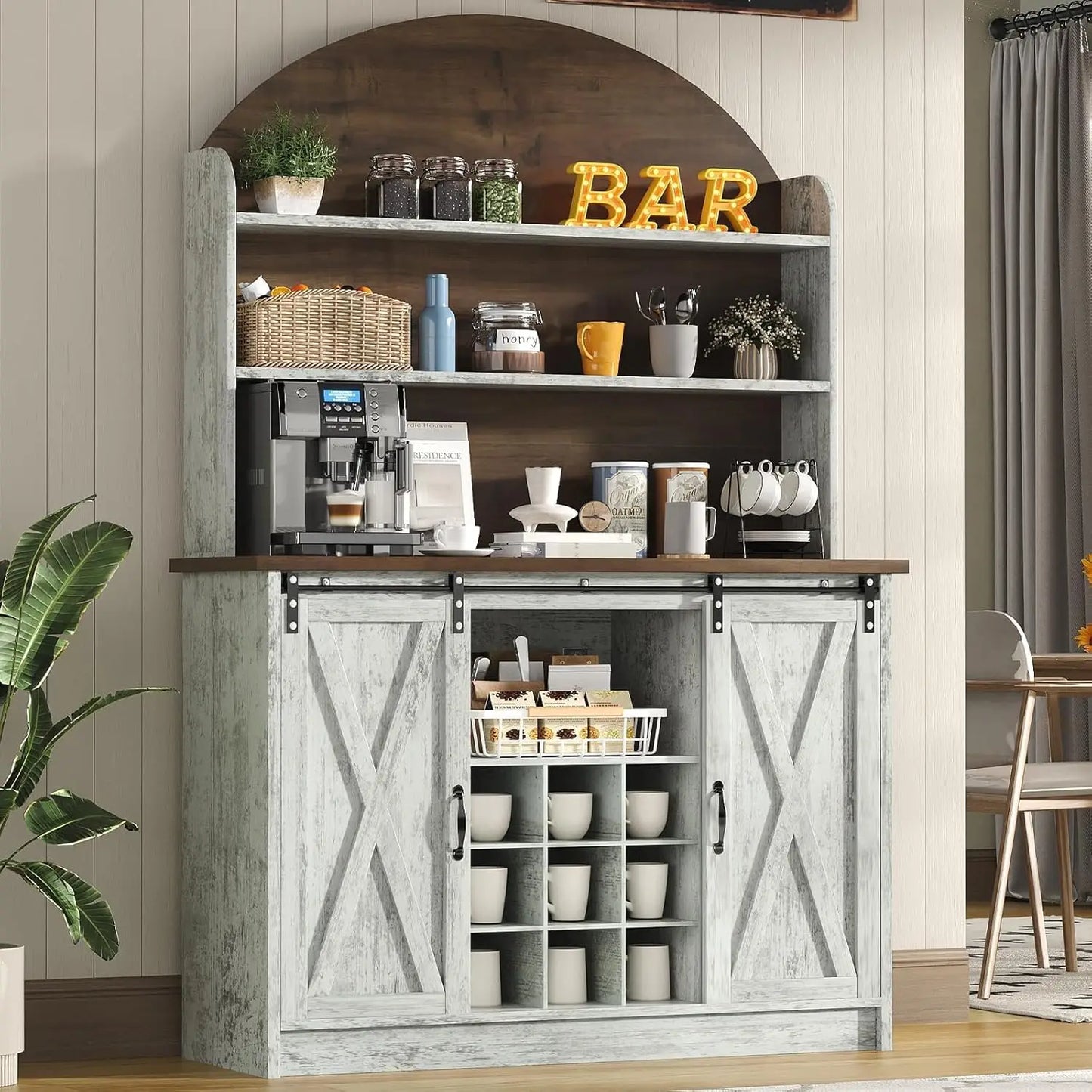 Coffee Bar Cabinet With Sliding Barn Doors And Wine Rack