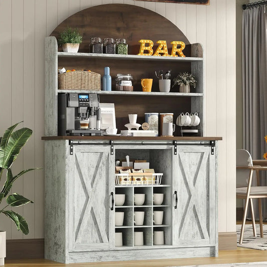Coffee Bar Cabinet With Sliding Barn Doors And Wine Rack