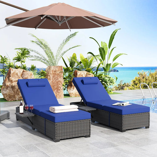Outdoor Wicker Rattan Chaise Lounge Chairs Set Of 2 With Adjustable Back