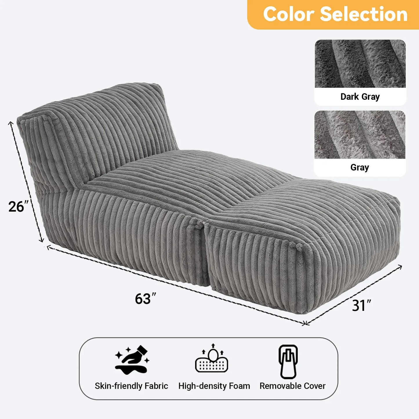 Bean Bag Chair With Corduroy Fabric And Lumbar Support Convertible