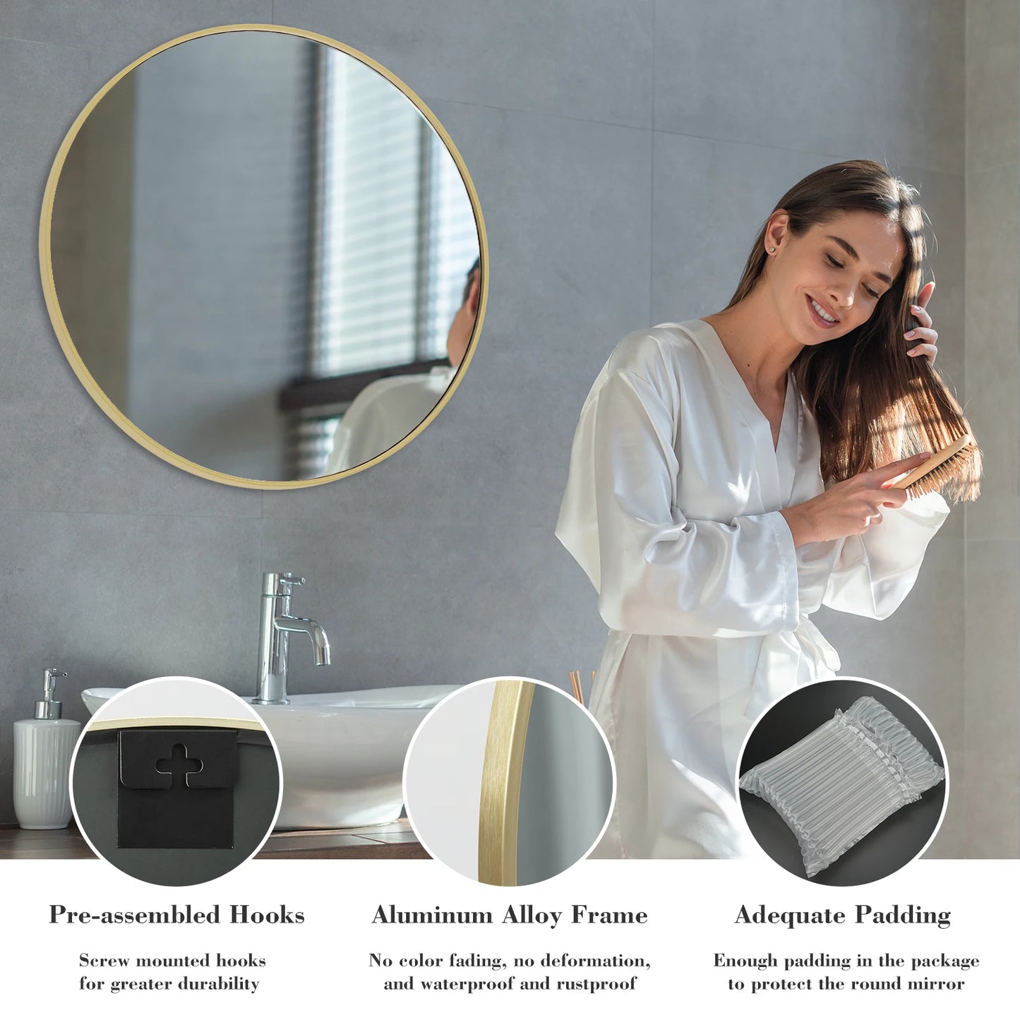 JHK Round Vanity Mirror With Matte Metal Frame Wall Mount
