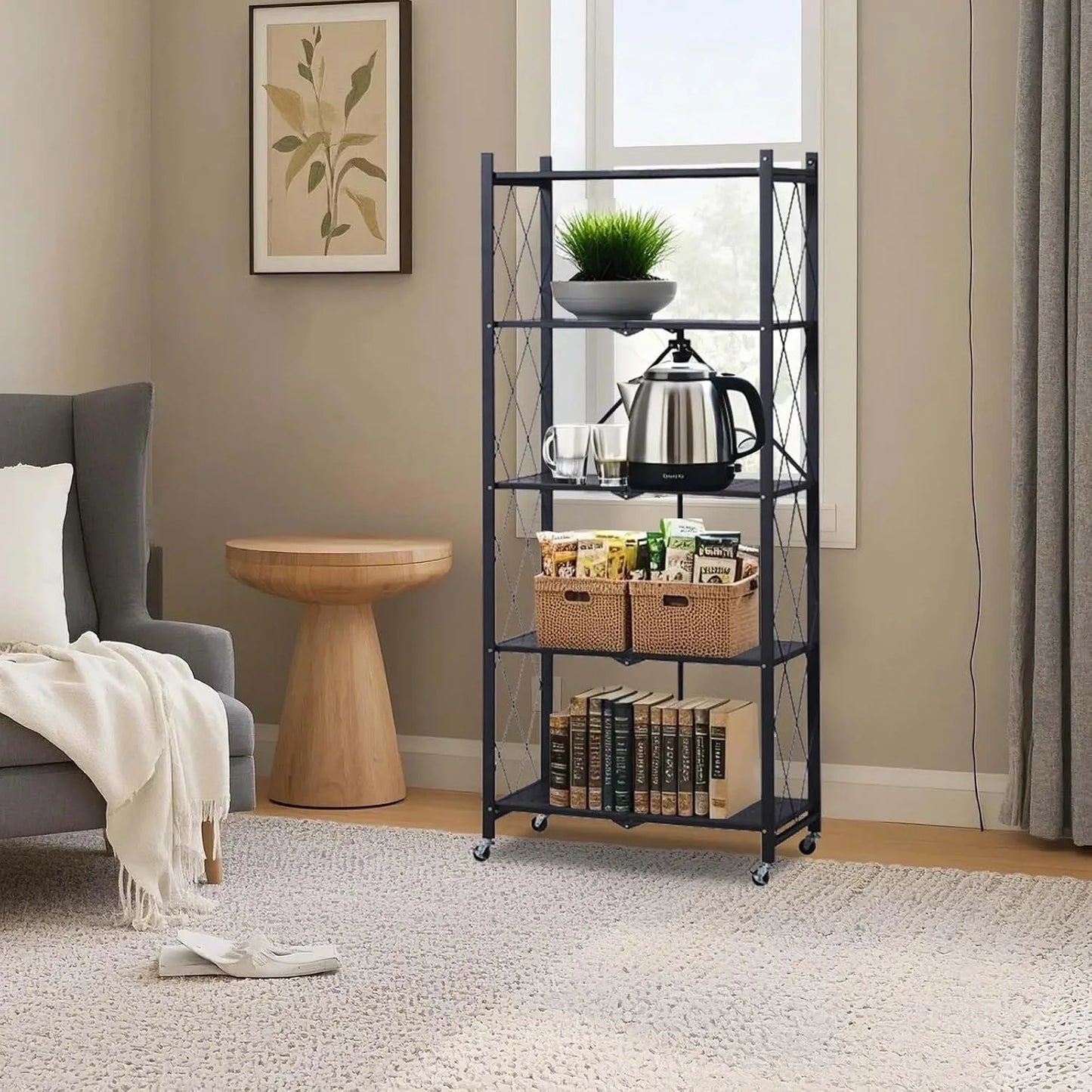 Heavy Duty 5-Tier Collapsible Metal Storage Rack with Wheels, 63x28x15in Rolling Shelf, No Assembly Kitchen Organizer, Freestanding Pantry Garage Microwave Stand, 600 LBS Capacity, Black