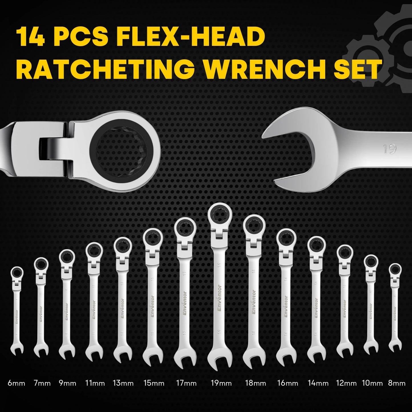 Enventor 14 Pieces Ratcheting Wrench Set 180° Flex Head Metric 6-19mm Combination Ratchet Wrenches Set Rolling Pouch For Garage