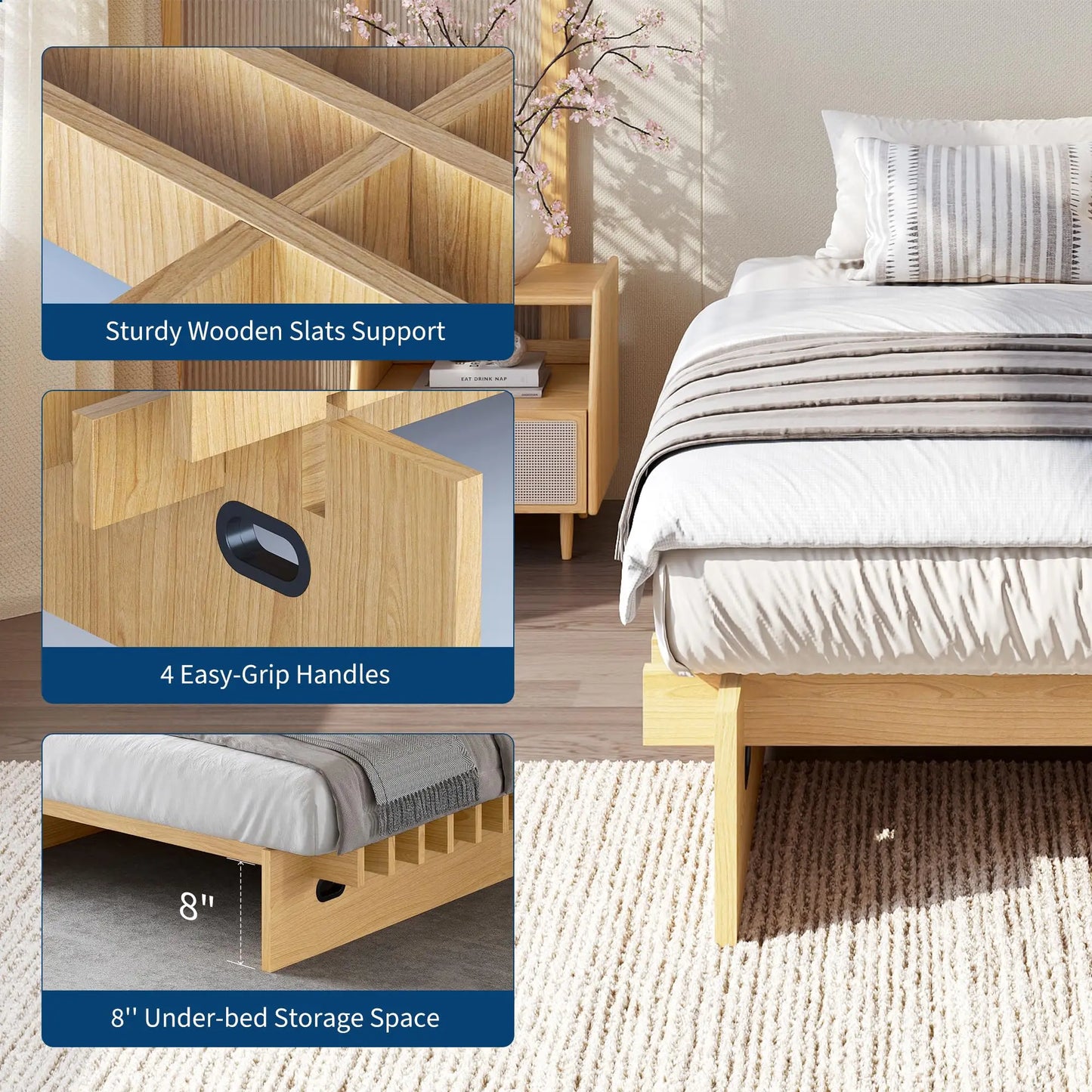 Wood Platform Bed Frame Twin Full Queen King, Low Profile Bed Frame No Headboard, No Box Spring Needed, 12 Inch Underbed Storage