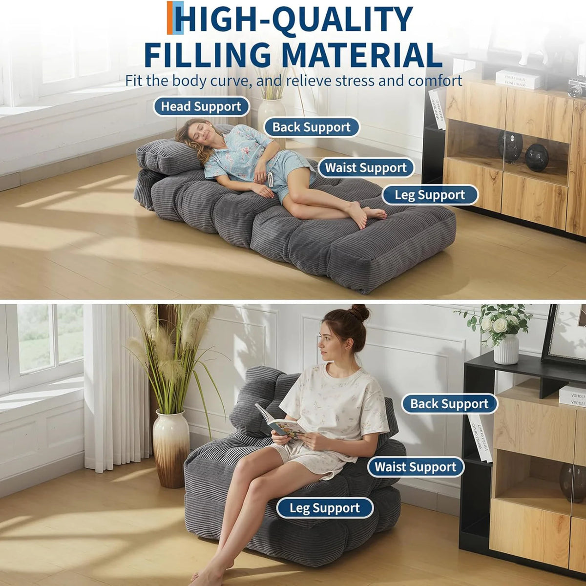 HiMiss Modern Foldable Sofa Bed With Soft Fabric Upholstery