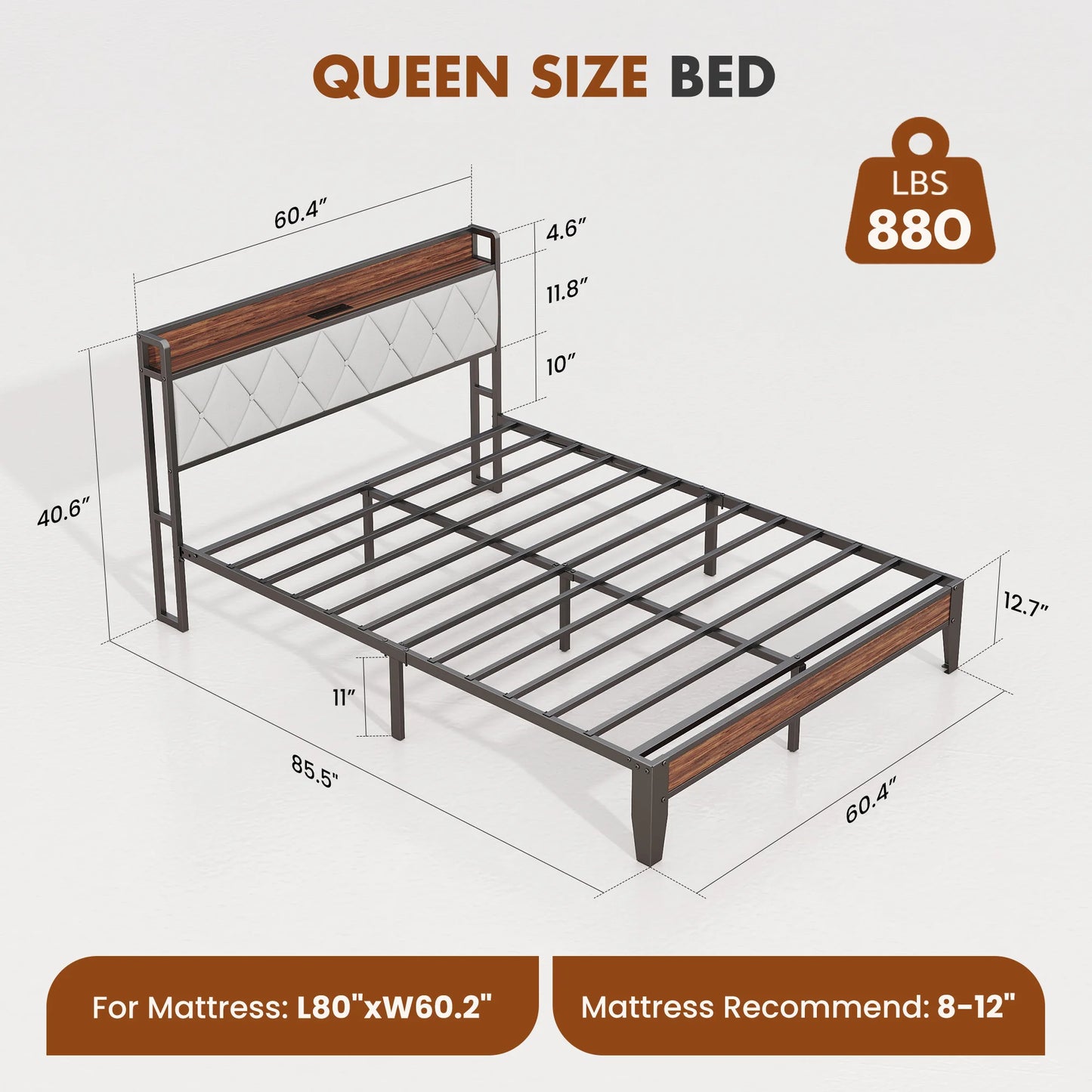 JHK King Size Metal Bed Frame With Storage And Charging Station
