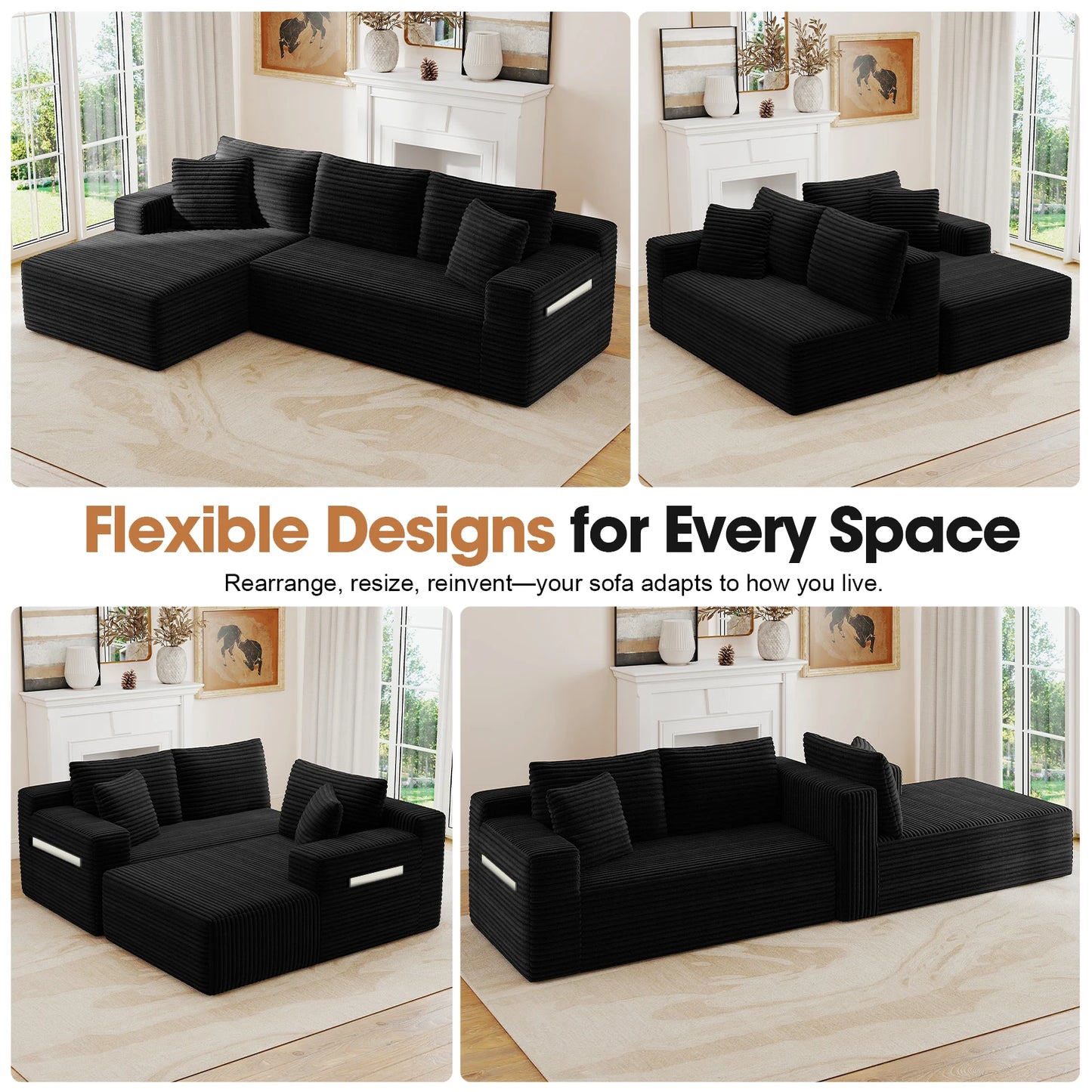 Black Corduroy Modular L-Shape Sectional Sofa With Chaise