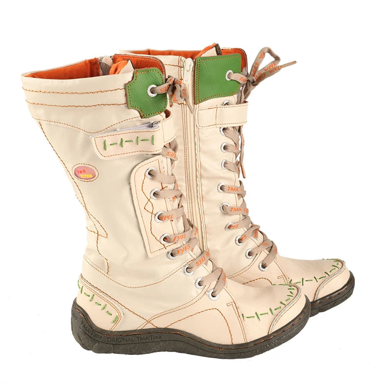 TMA EYES New Women'S Mid-Calf Boots Retro Handmade Lace-Up Winter Snow Boots Casual Warm Comfortable Footwear