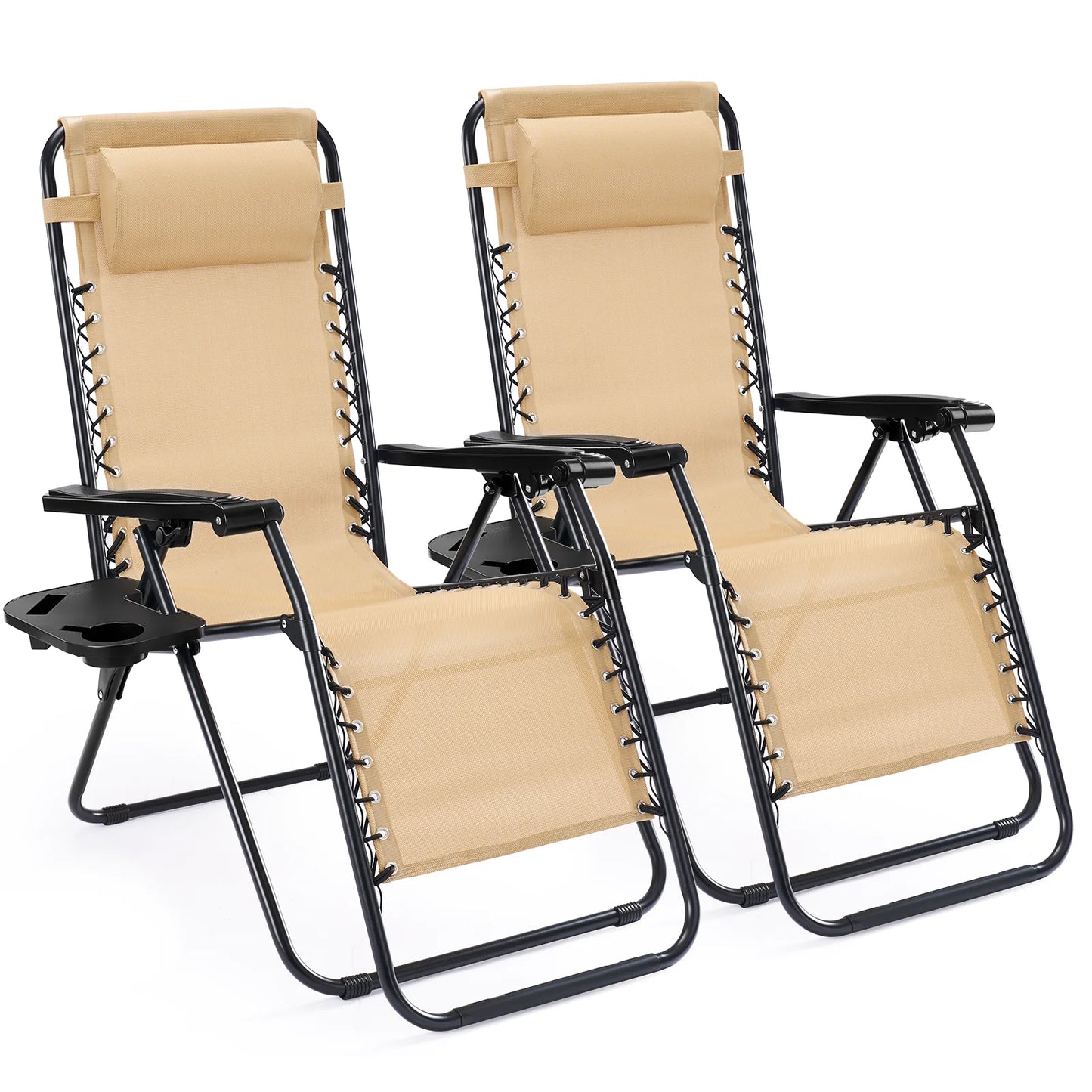 JHK Portable Zero Gravity Recliner Chairs Set of 2 Outdoor Garden Folding Lounge Chair with Cup Holder Trays Adjustable Pillow