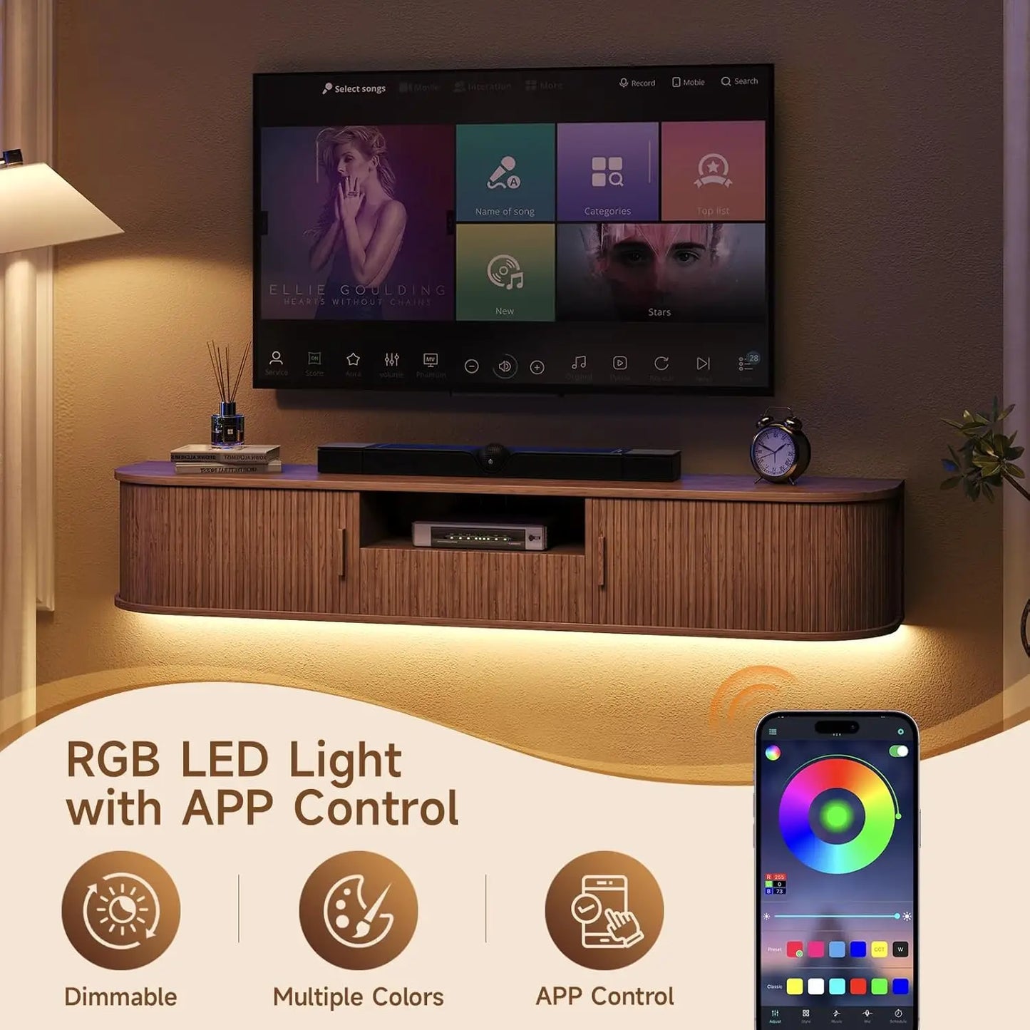 Onbrill 70 Inch Smart Floating TV Stand With Walnut Fluted Wood
