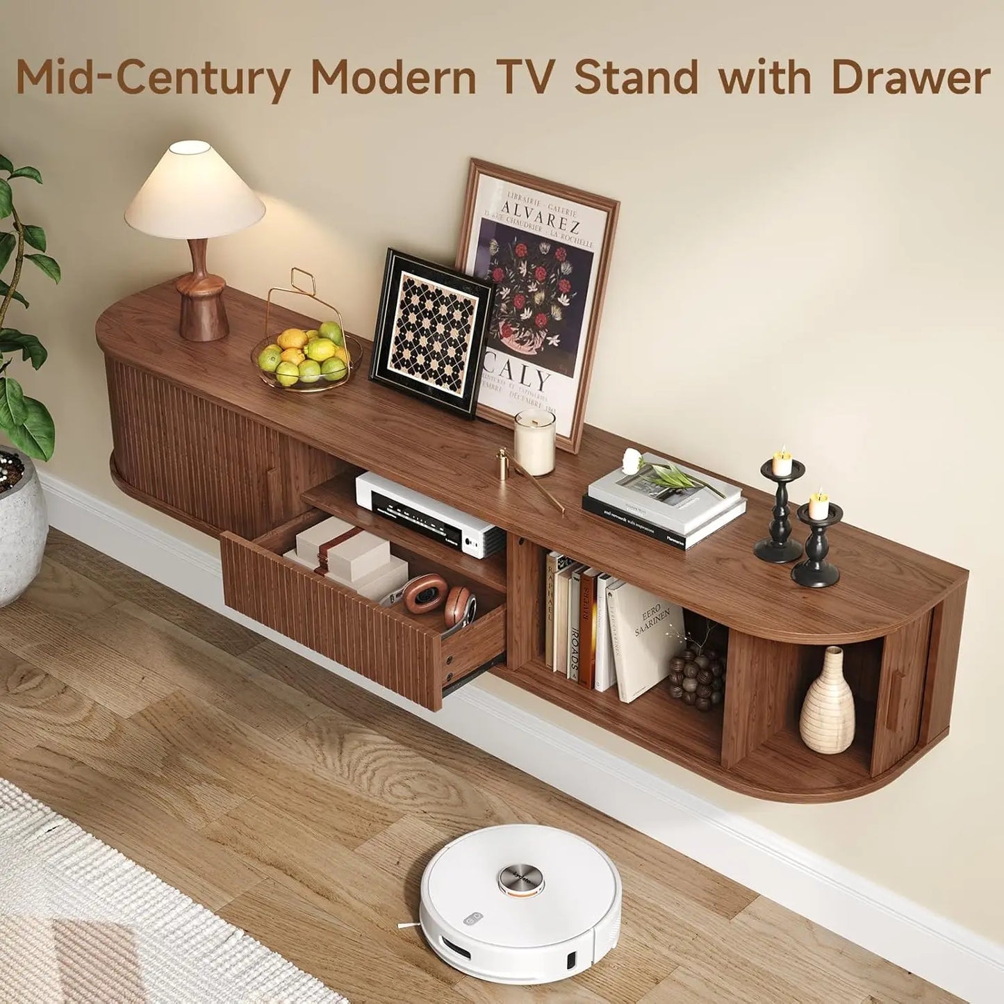 Onbrill 70 Inch Smart Floating TV Stand With Walnut Fluted Wood